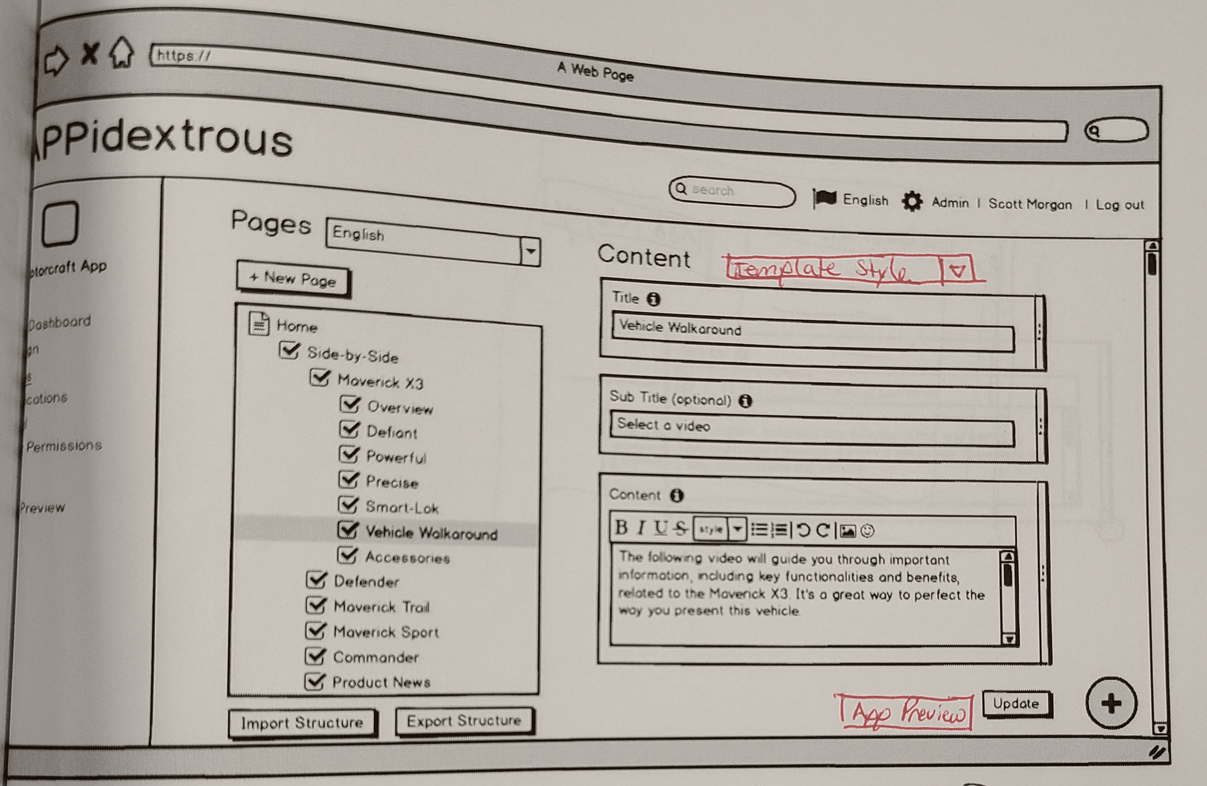 A black and white image on paper of a web page with red and black ink notes.