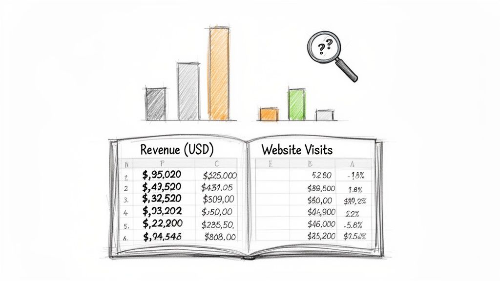 Hand-drawn illustration of revenue and website visit data in a spreadsheet, accompanied by bar charts and a magnifying glass for analysis.