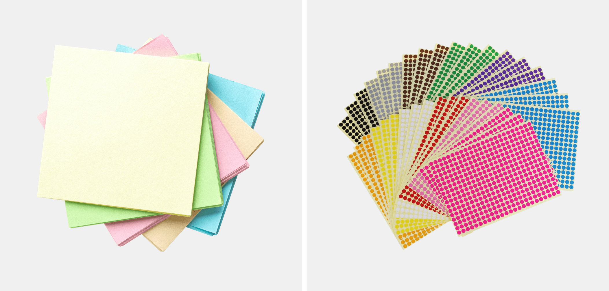 Stack of colorful sticky notes on the left and sheets of multicolor round stickers arranged in a fan shape on the right.
