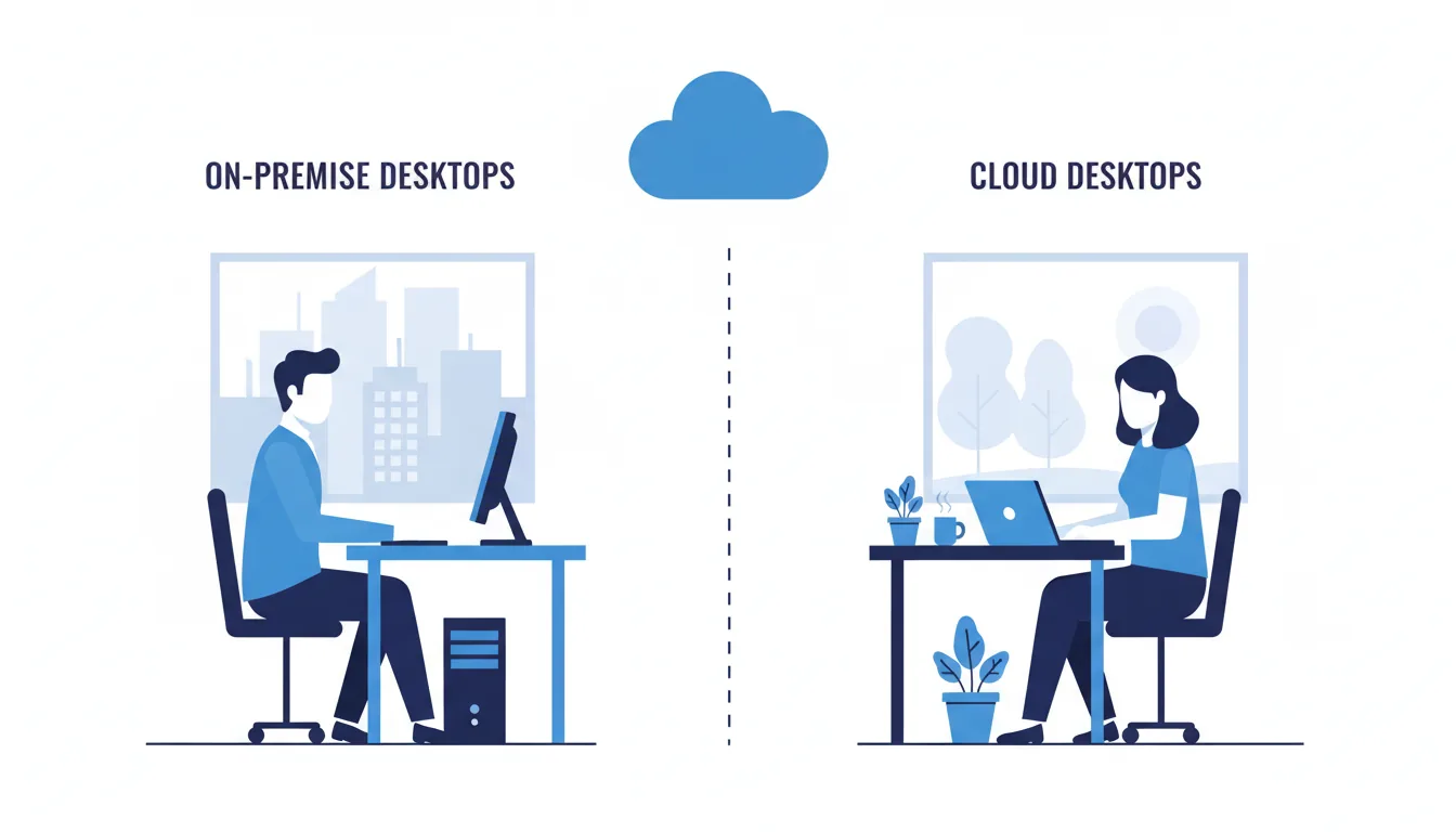 Flat vector illustration, corporate infographic style, split-screen composition showing On-Premise vs. Cloud Desktops. On the left, a man in an office at a desk uses a desktop computer and PC tower, with a city view from the window. On the right, a woman in a home office works on a laptop. A central dashed line separates the scenes, with a large blue cloud icon at the top symbolizing the connection. Minimalist aesthetic, faceless characters, using a monochromatic color palette of cool blues and navy on a clean white background.