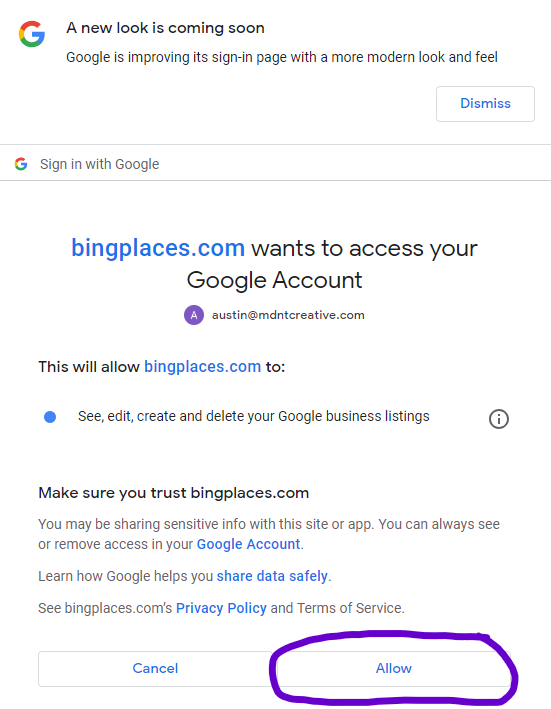 Bing Places - Allow Sync with Google