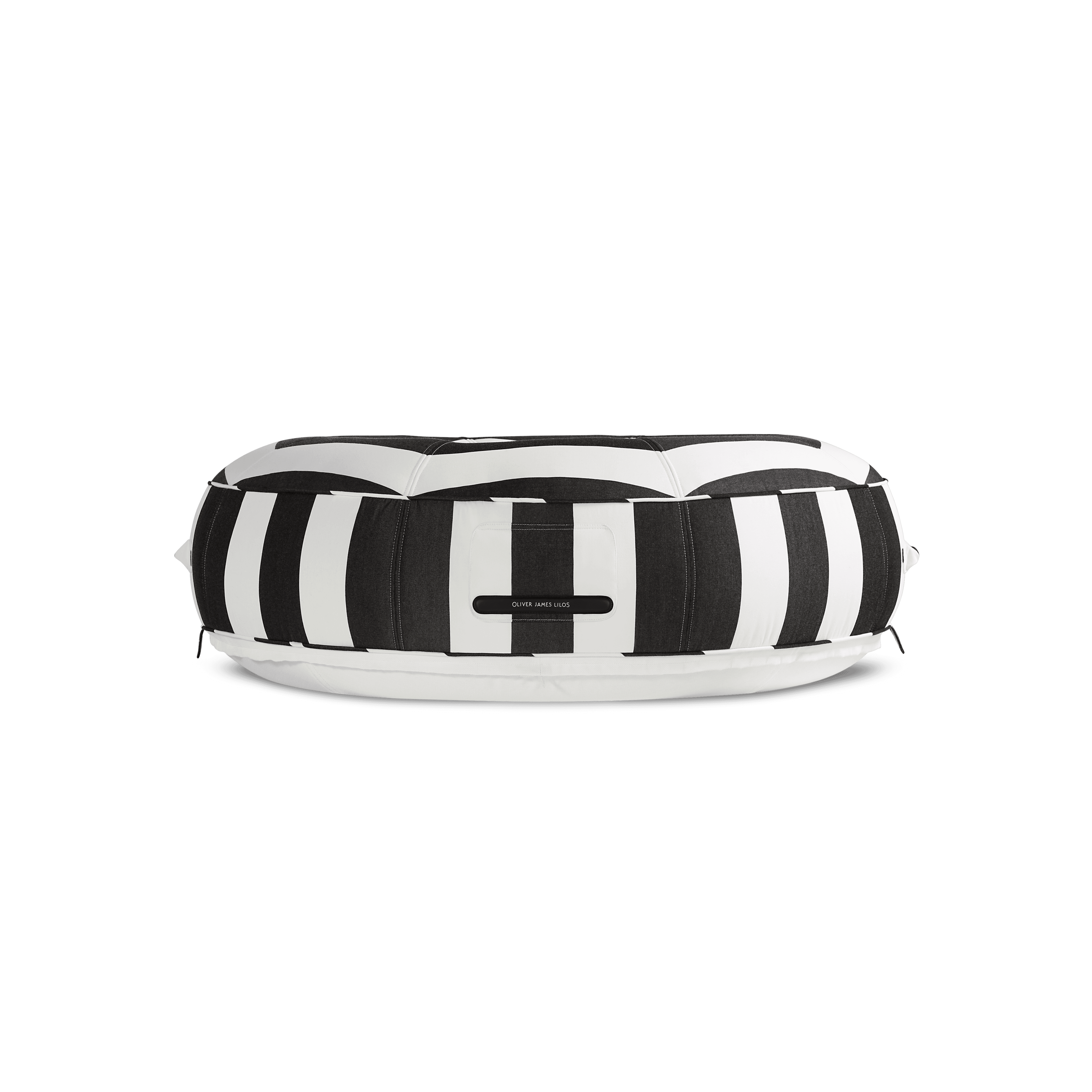 Ring pool float showing black-and-white striped symmetry, quilted panels, and matte white protective base