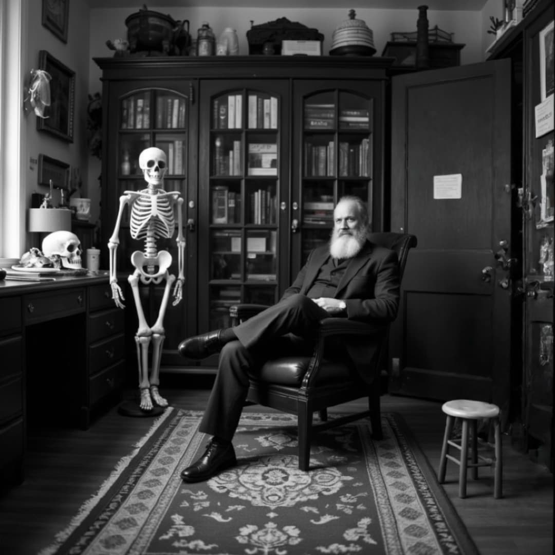 Älterer Mann mit langem Bart sitzt in einem Arbeitszimmer neben einem menschlichen Skelett und Bücherregalen im Hintergrund