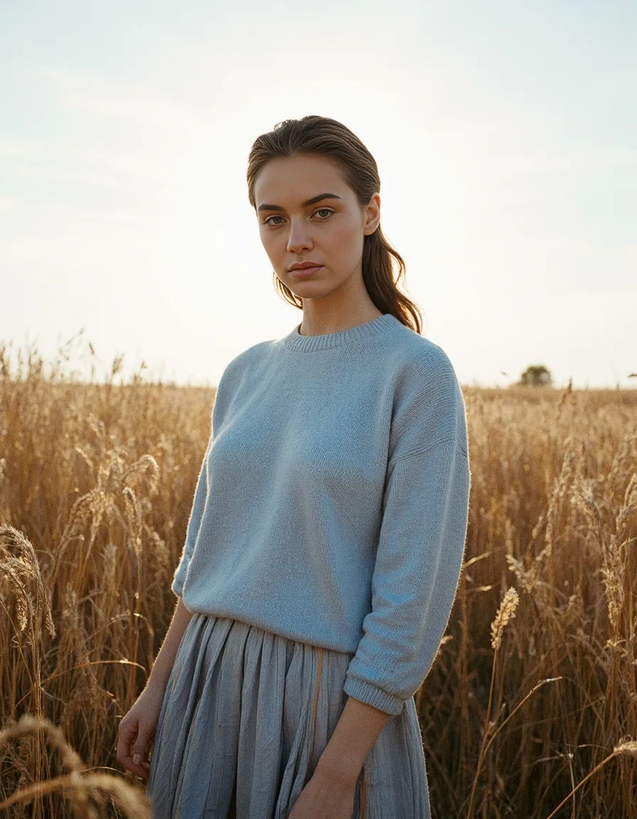 Person in light blue sweater and flowing skirt standing in golden wheat field at sunset, creating a serene editorial fashion moment.