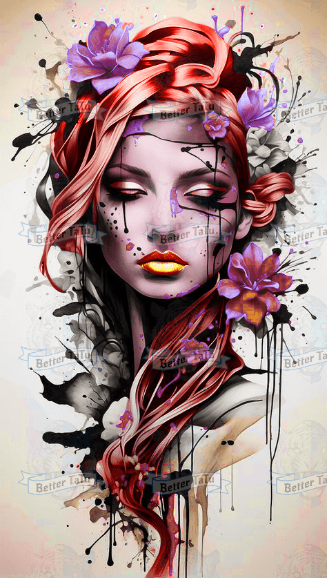 Artistic watercolour girl tattoo design with soft, flowing brushstroke effects and vibrant colour blending