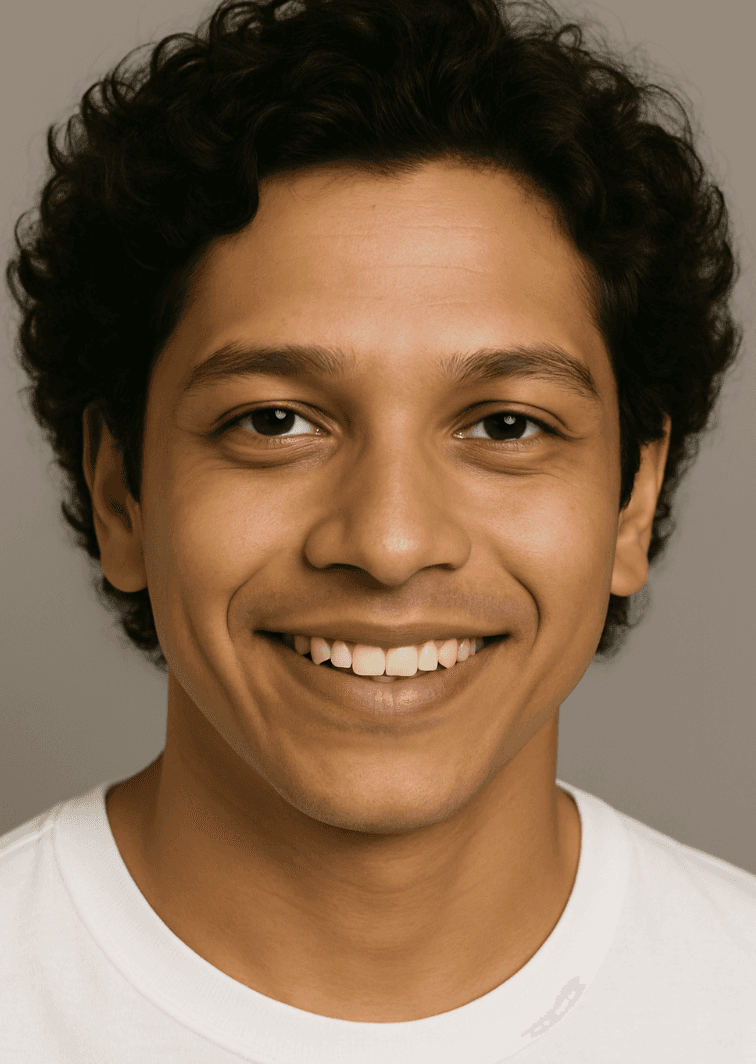 Portrait of a laughing person with curly hair wearing a white shirt