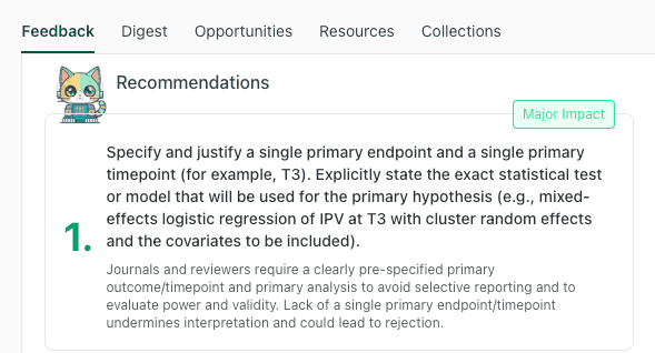 thesify feedback showing that a quantitative thesis project needs a clearly justified primary endpoint, primary timepoint, and exact analysis plan for the primary hypothesis