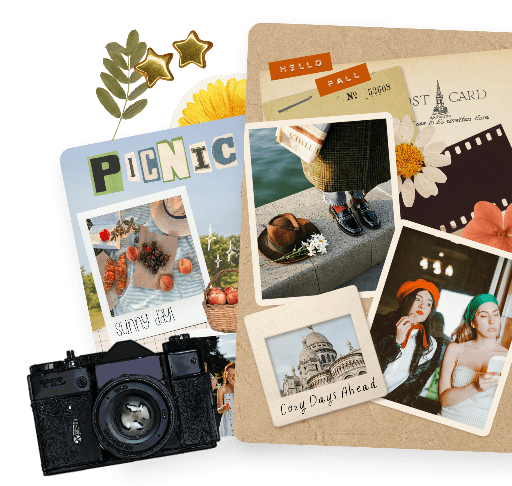 Two digital scrapbook pages with 'Picnic' and 'Hello Fall' themes and a vintage camera