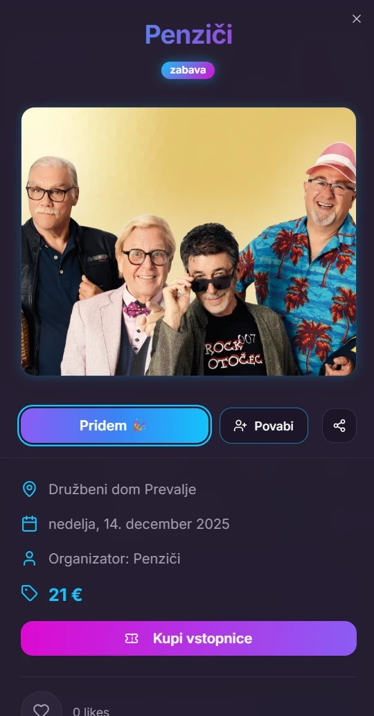 Uporabniški vmesnik aplikacije GOS s podrobnostmi o izbranem dogodku