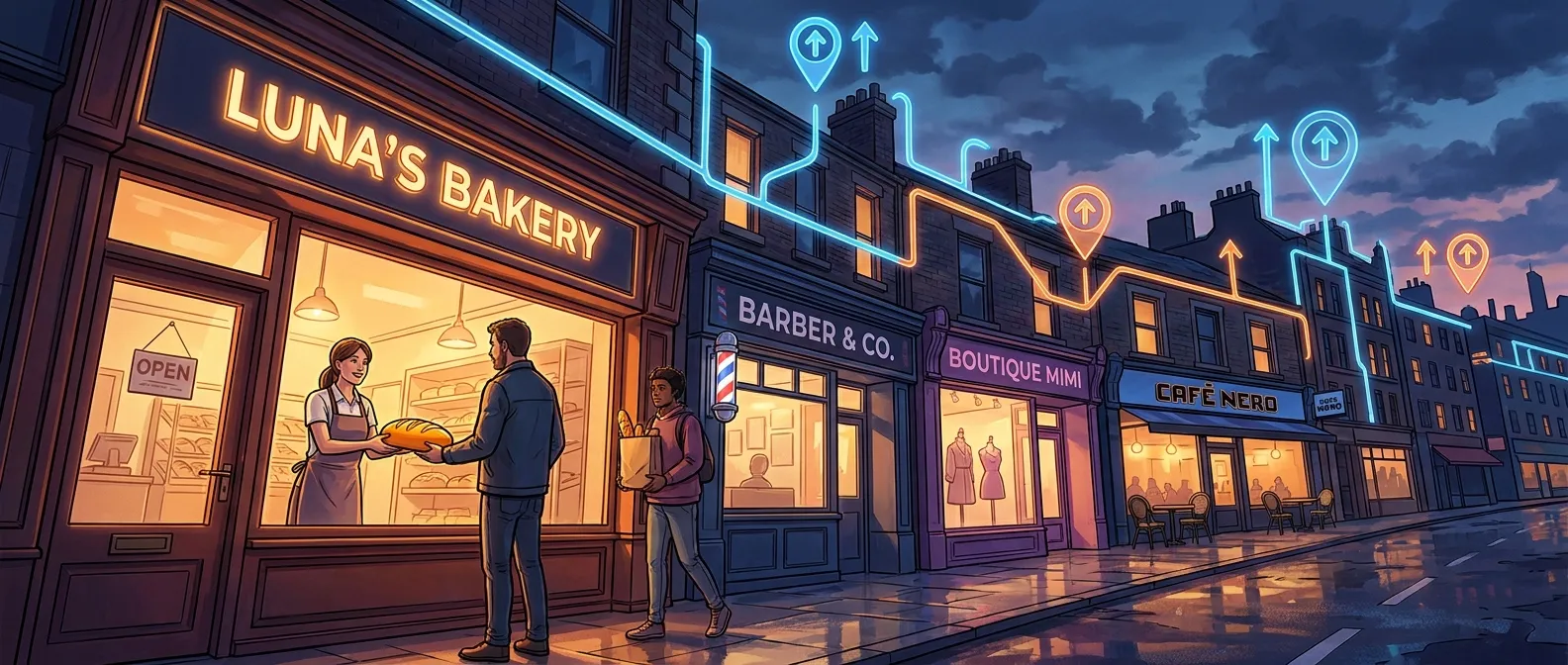 Street shops glowing with digital marketing icons, highlighting RockN' Socials.