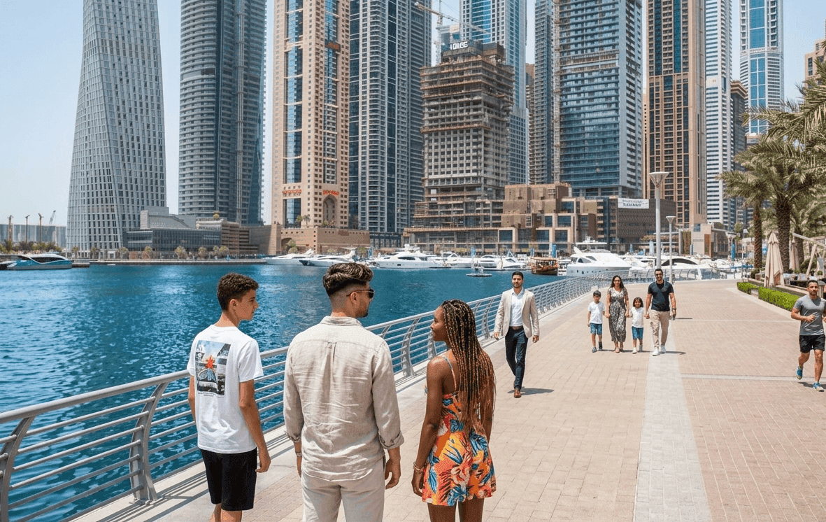 مشهد ساحر لممشى دبي مارينا المائي يضم المشاة واليخوت الفاخرة الراسية