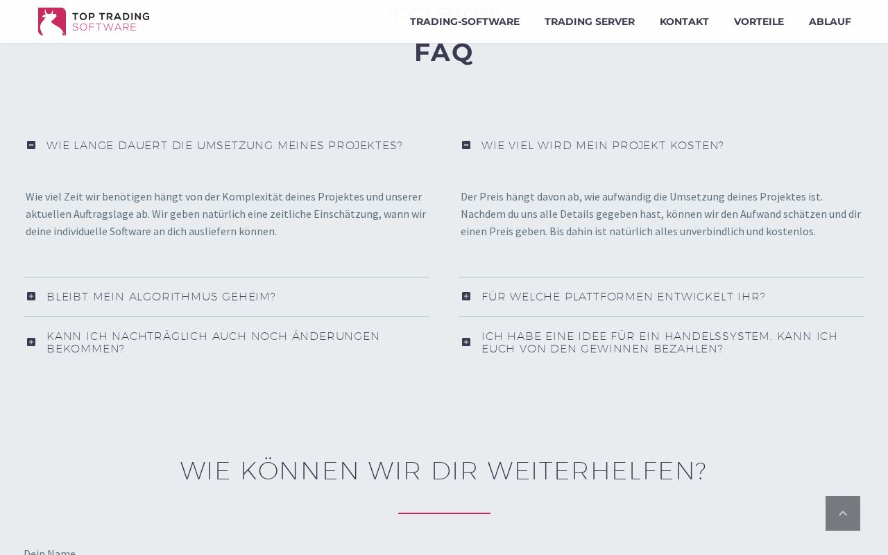 Screenshot FAQ-Bereich top-trading-software.de mit Fragen zu Kosten, Datenschutz und Ablauf