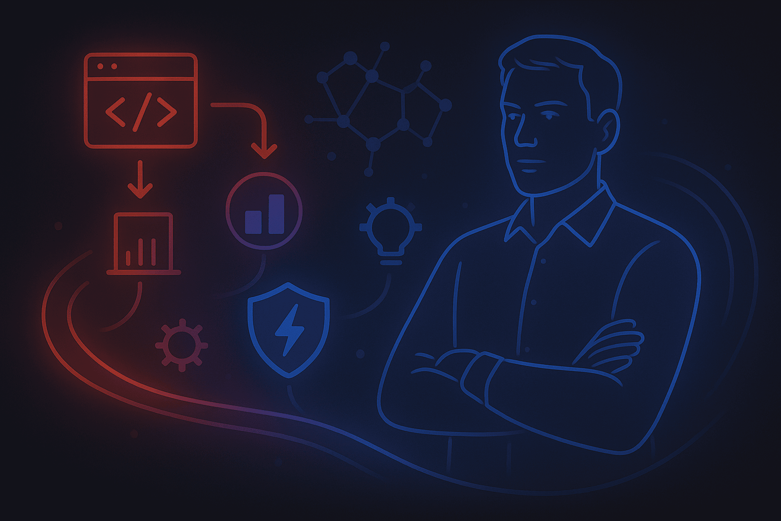 Technology partner illustration showing a developer alongside a GenAI pipeline with icons for code integration, analytics, and embedded security.