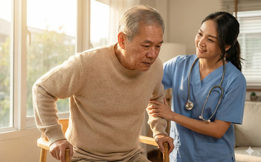 護理師在家中協助年長者從椅子起身，提供陪伴與復健支持，日照環境溫暖、畫面展現專業與關懷
