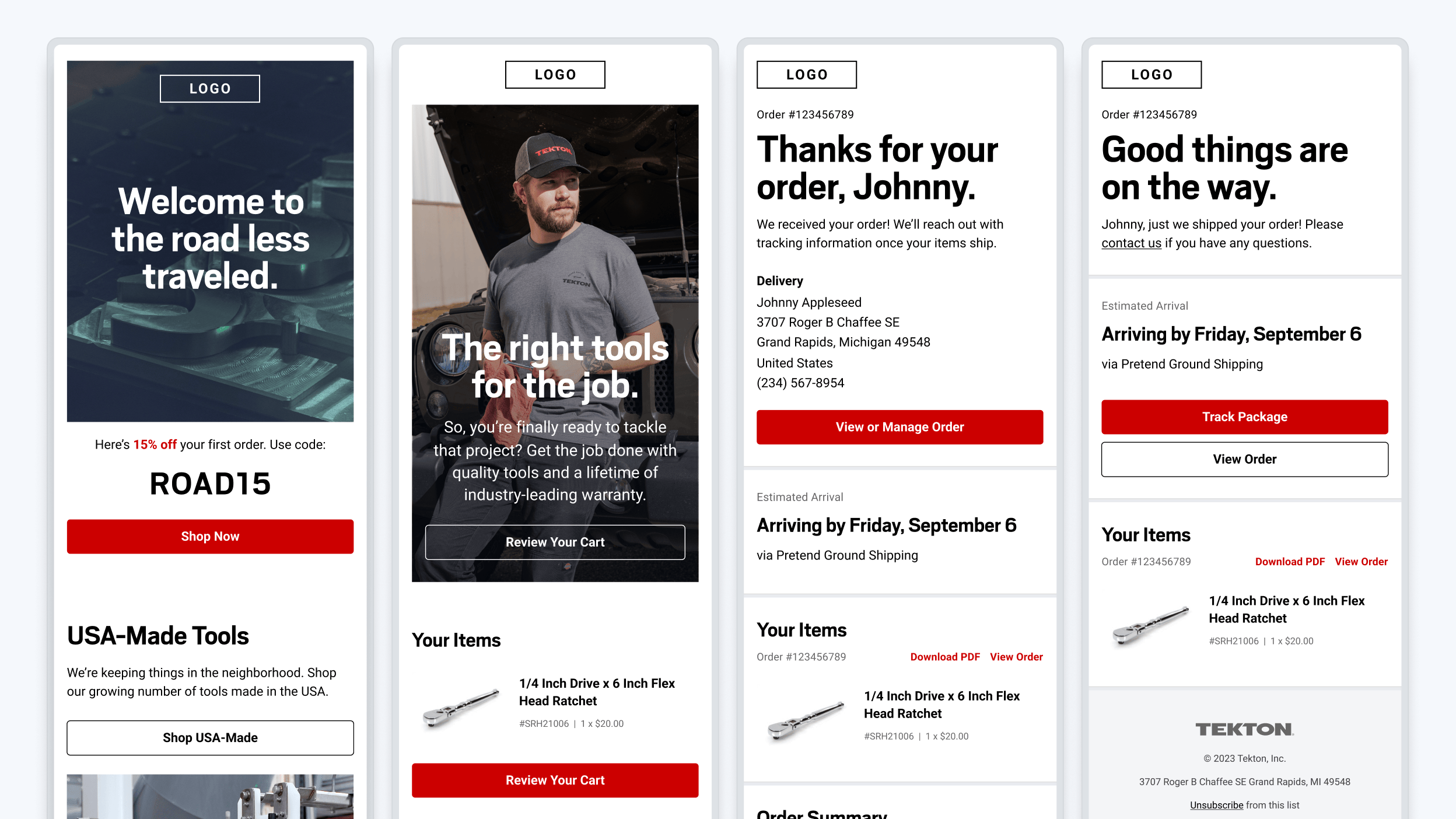 Email designs for welcome, abandoned cart, order confirmed, and order delivered.