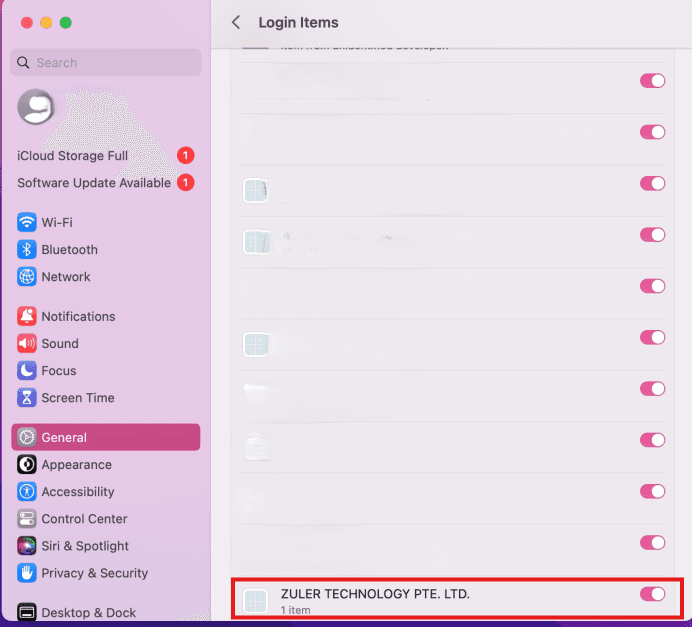 enable Zuler Technology Pte Ltd. app in mac General settings