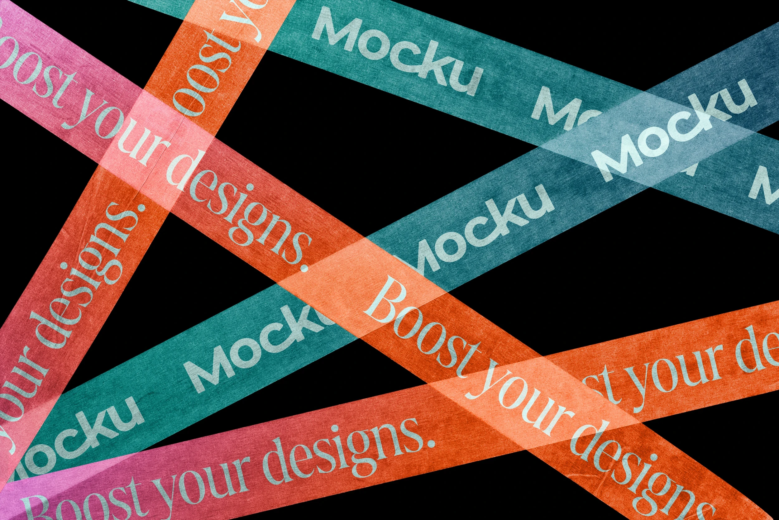 Mockup featuring colorful diagonal strips of textured tape in teal, orange, and pink, layered over a black background. The bold typography on each strip creates a dynamic and modern design for branding presentations.