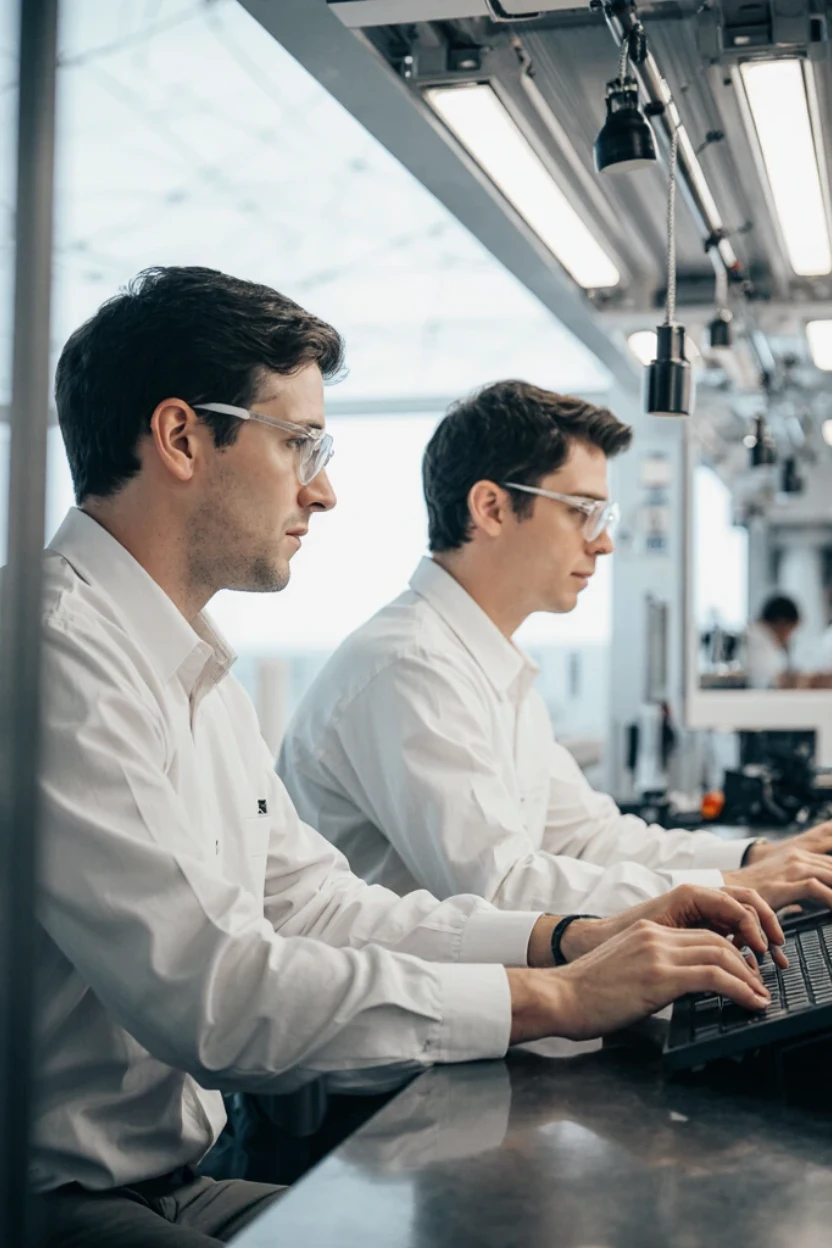 Manufacturing workers on computers