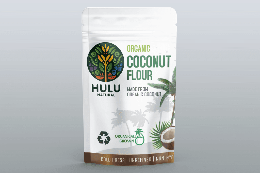 A bag of Hulu Natural Organic Coconut Flour.