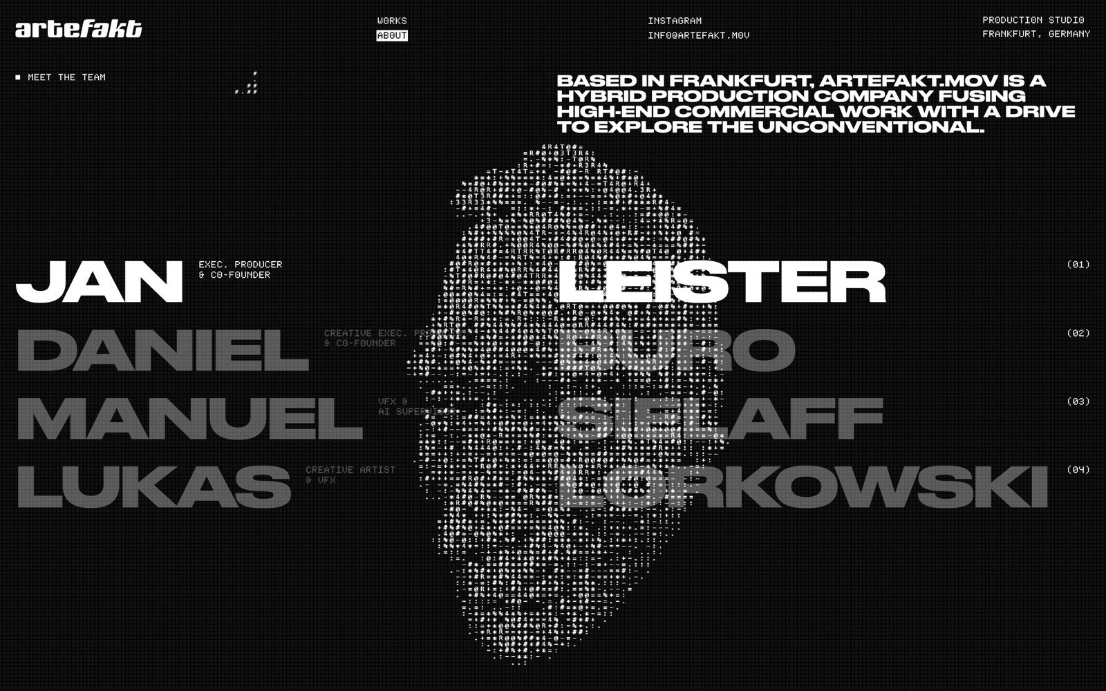 Glitch art portrait of a face made of tiny characters, on a dark grid background with team names.