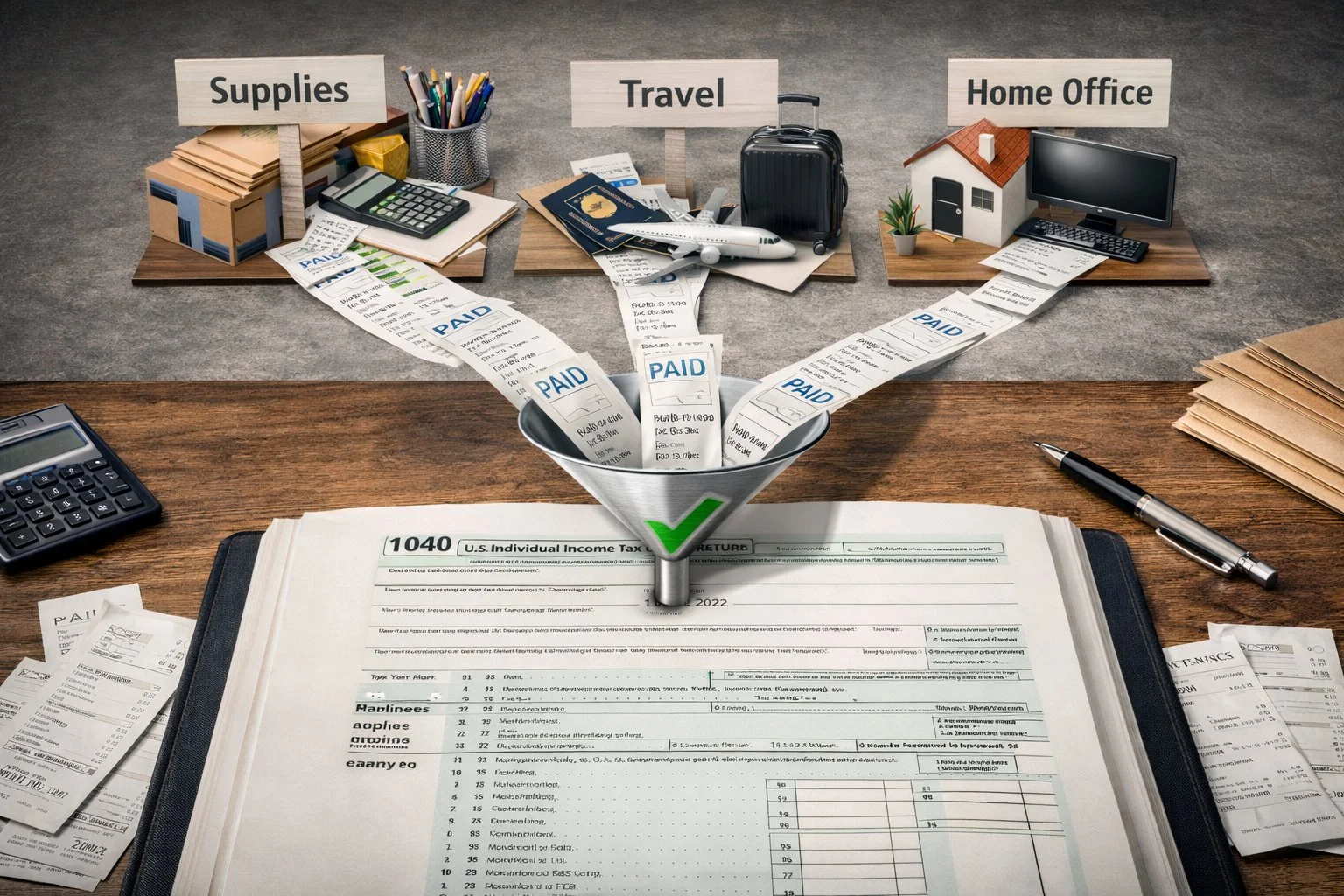 Illustration of business expenses flowing smoothly into a tax return form, without errors or warning alerts.