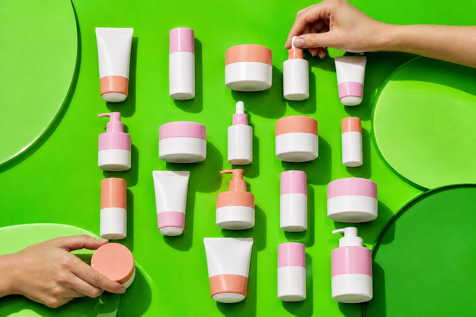 Nineteen coral and pink skincare products laid out in a grid on a green surface, two hands arranging them