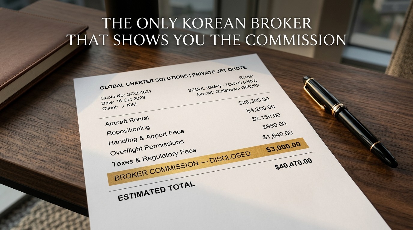 Transparent private jet charter quote showing itemized broker commission