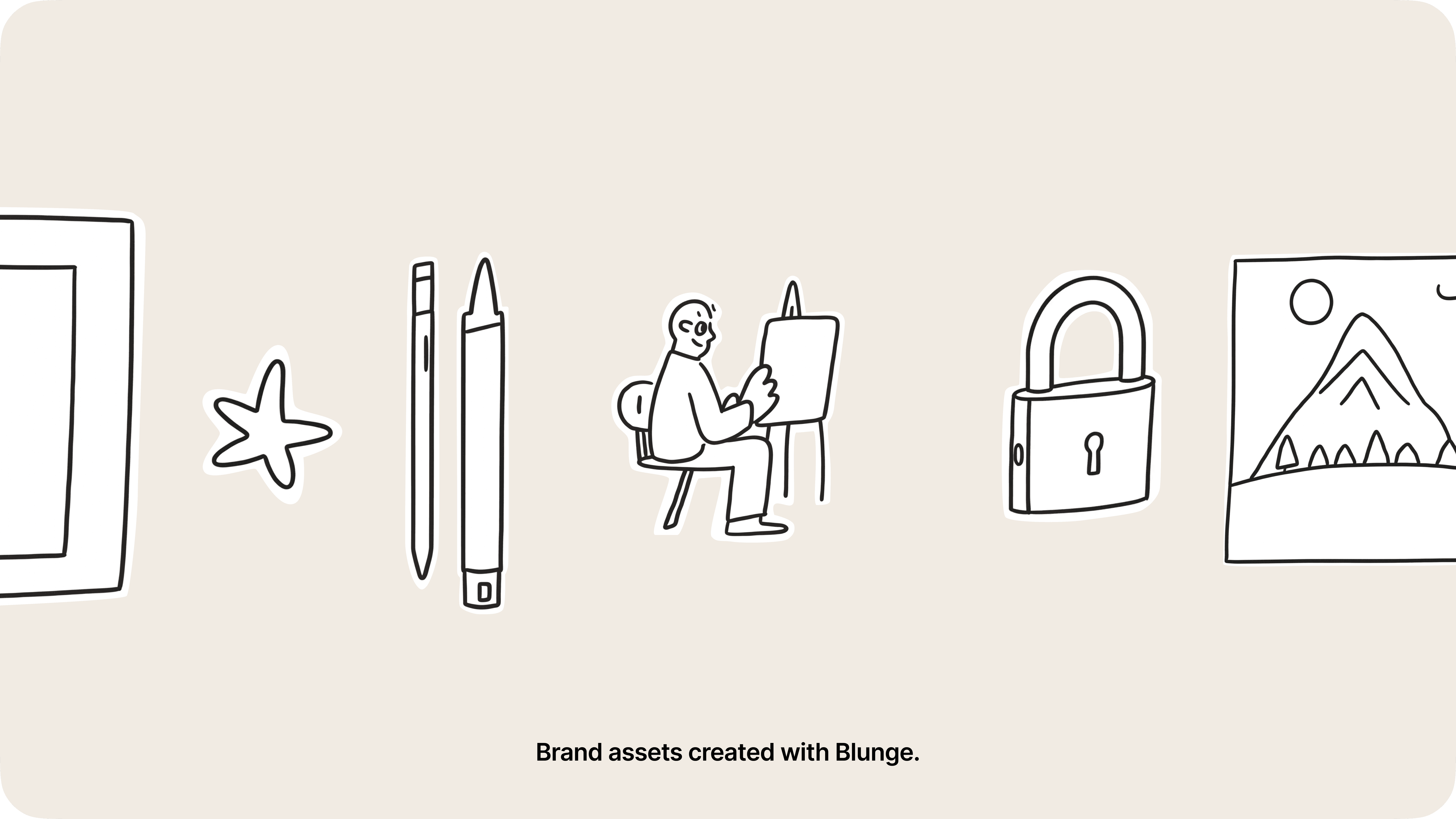 AI image using Blunge: Blunge brand assets showcasing AI branding tools. Hand-drawn line illustrations showing creative tools, an artist at work, a lock, and images representing AI-powered branding and digital content creation.