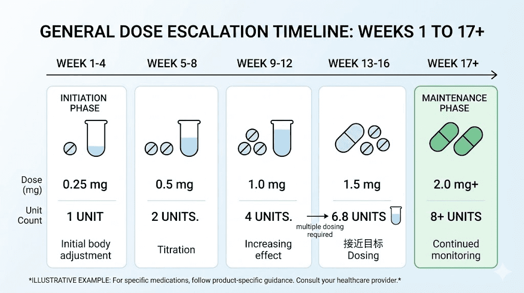 Semaglutide dose escalation schedule from 0.25 mg to 2.5 mg with unit conversions