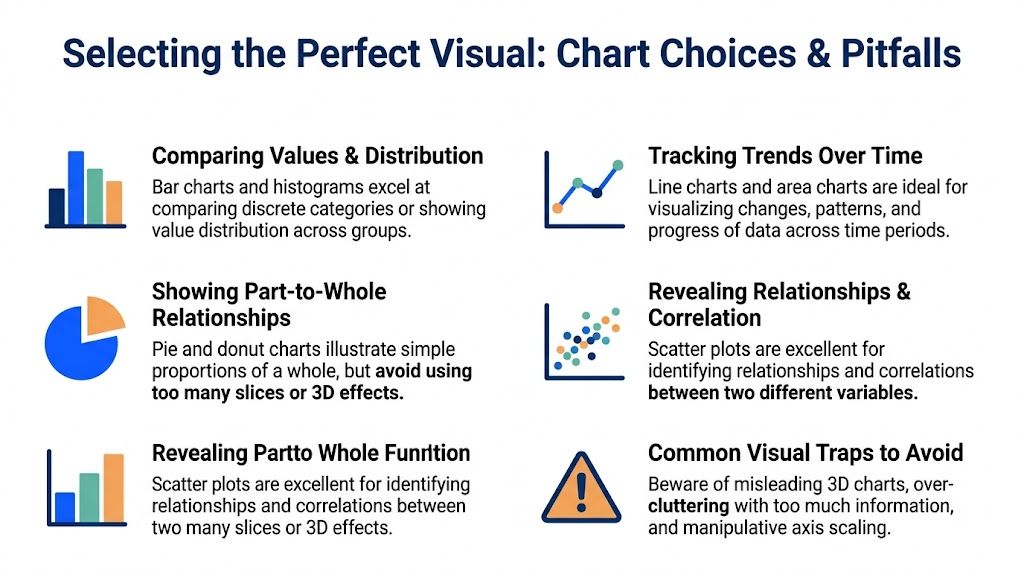 A professional infographic titled Selecting the Perfect Visual explaining various data chart types and their best uses.