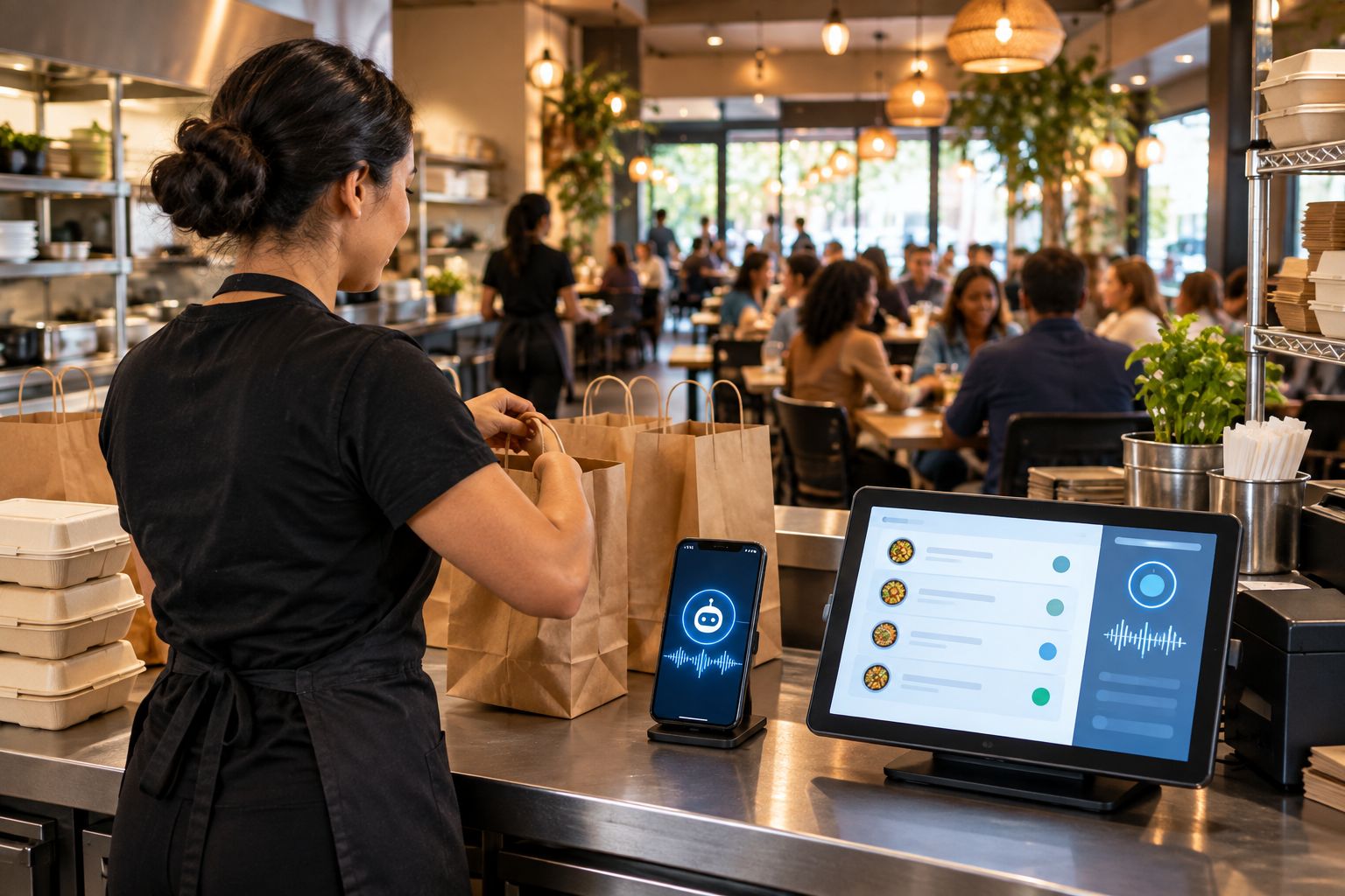 Restaurant takeout counter during a dinner rush with phone and order screen