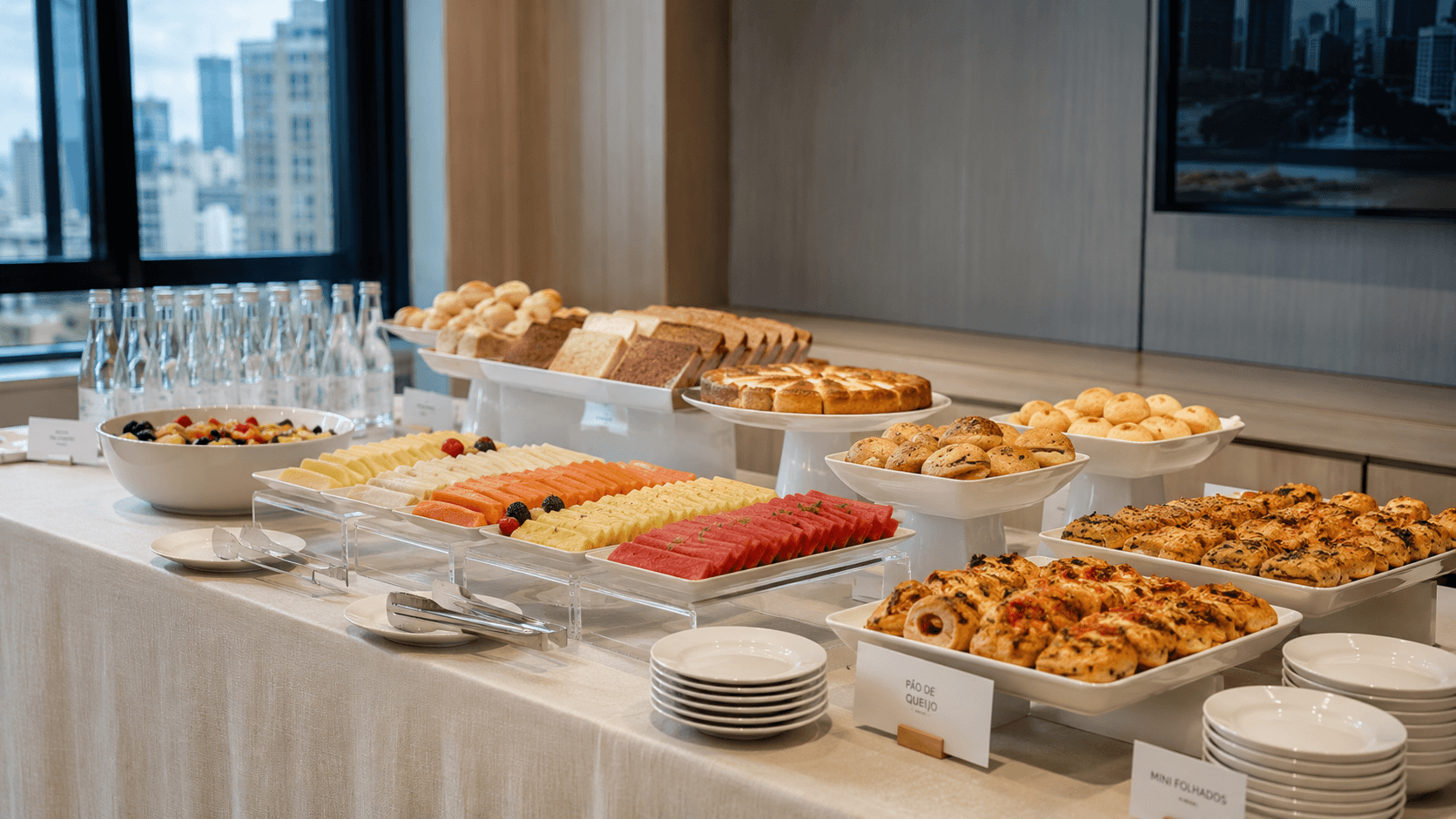 Buffet corporativo em São Paulo montado em sala executiva com estações organizadas de pães, frutas e salgados