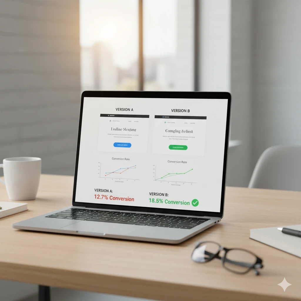 A/B testing results comparing website conversion rates on laptop screen – RJP.design Web Design Agency NYC optimizing digital marketing and social media performance.