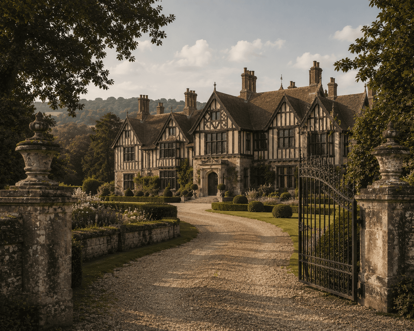 A wide, scenic photograph at golden hour showing the entrance to a historic English Tudor manor house estate. A winding gravel driveway leads through open wrought-iron gates past weathered stone pillars topped with decorative stone urns. Manicured lawns, flowerbeds, and clipped topiary hedges frame the gravel path toward the grand timber-framed manor featuring prominent gables, tall brick chimneys, and leaded windows set against rolling green hills in the background.