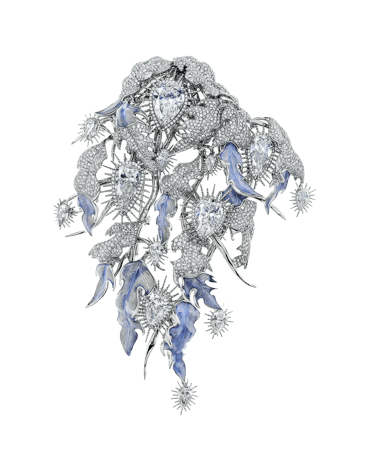 Detailed sketch of the De Beers White Light Brooch by Shaun Leane, a floral fine jewelry design in 18ct white gold with 2,477 diamonds.