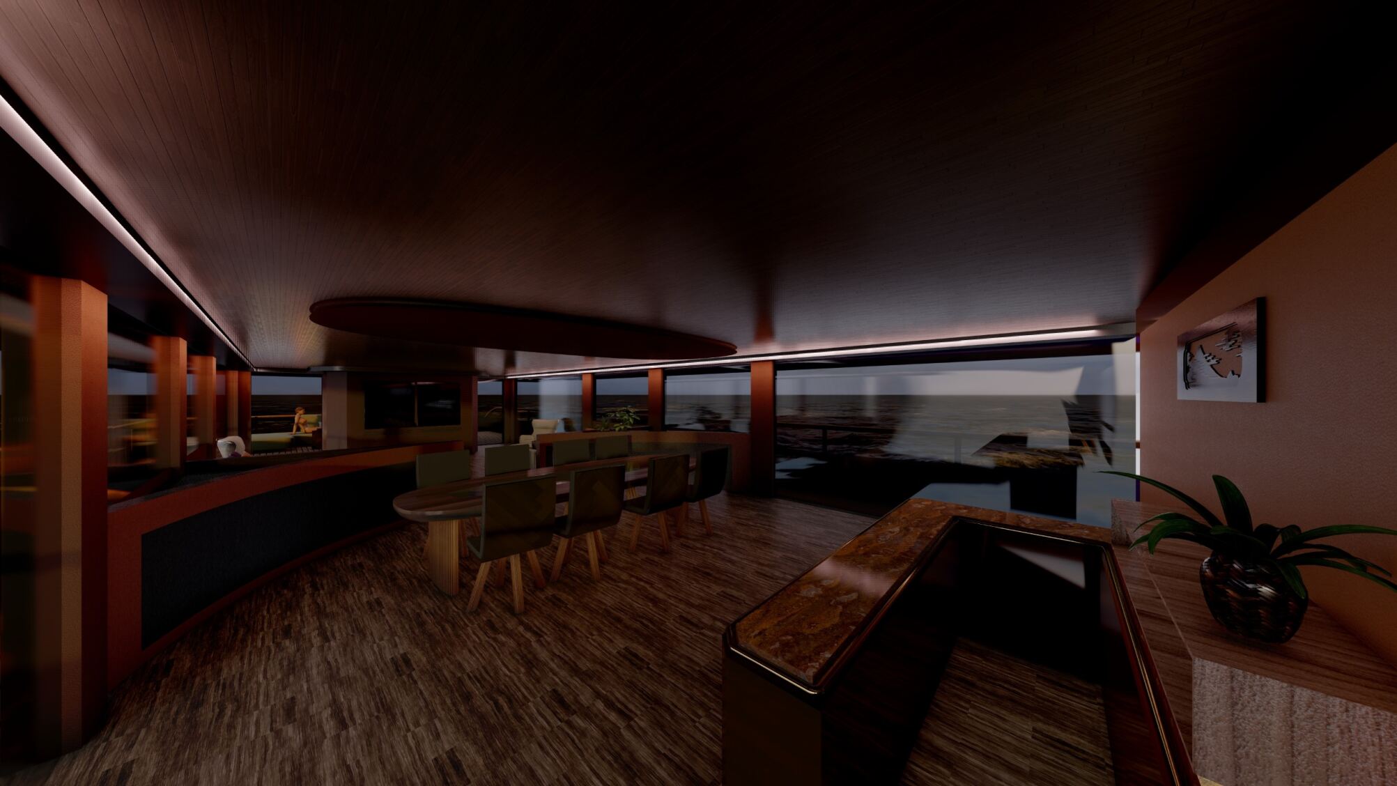 Hand-rendered sketches of a luxury yacht interior layout by Ronan Ohier, focusing on comfort, style, and functional design.