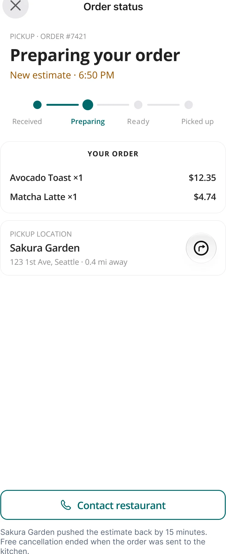 Order status screen in the Late state with a new estimated ready time.