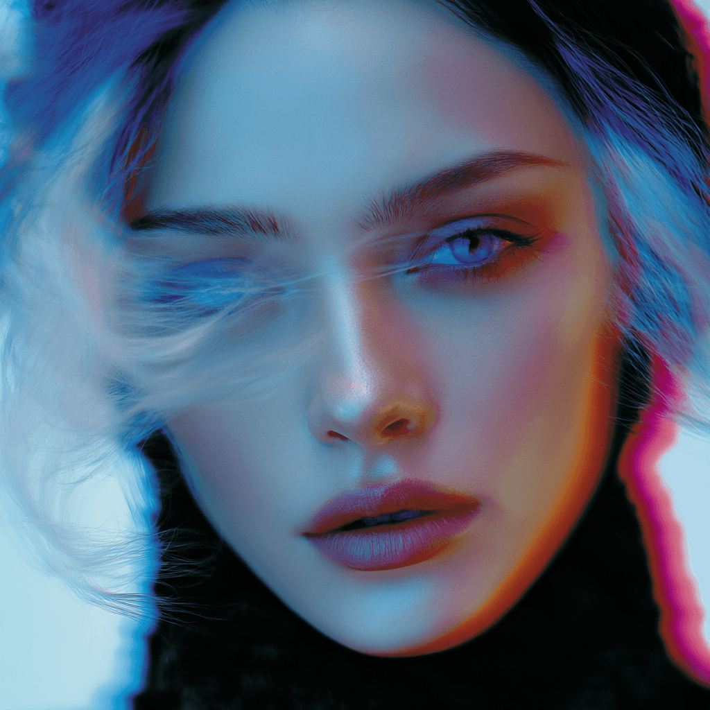 Volto femminile in primo piano attraversato da luce azzurra e rosa, con capelli mossi sul viso e atmosfera sospesa per la playlist Buried Air Ritual.