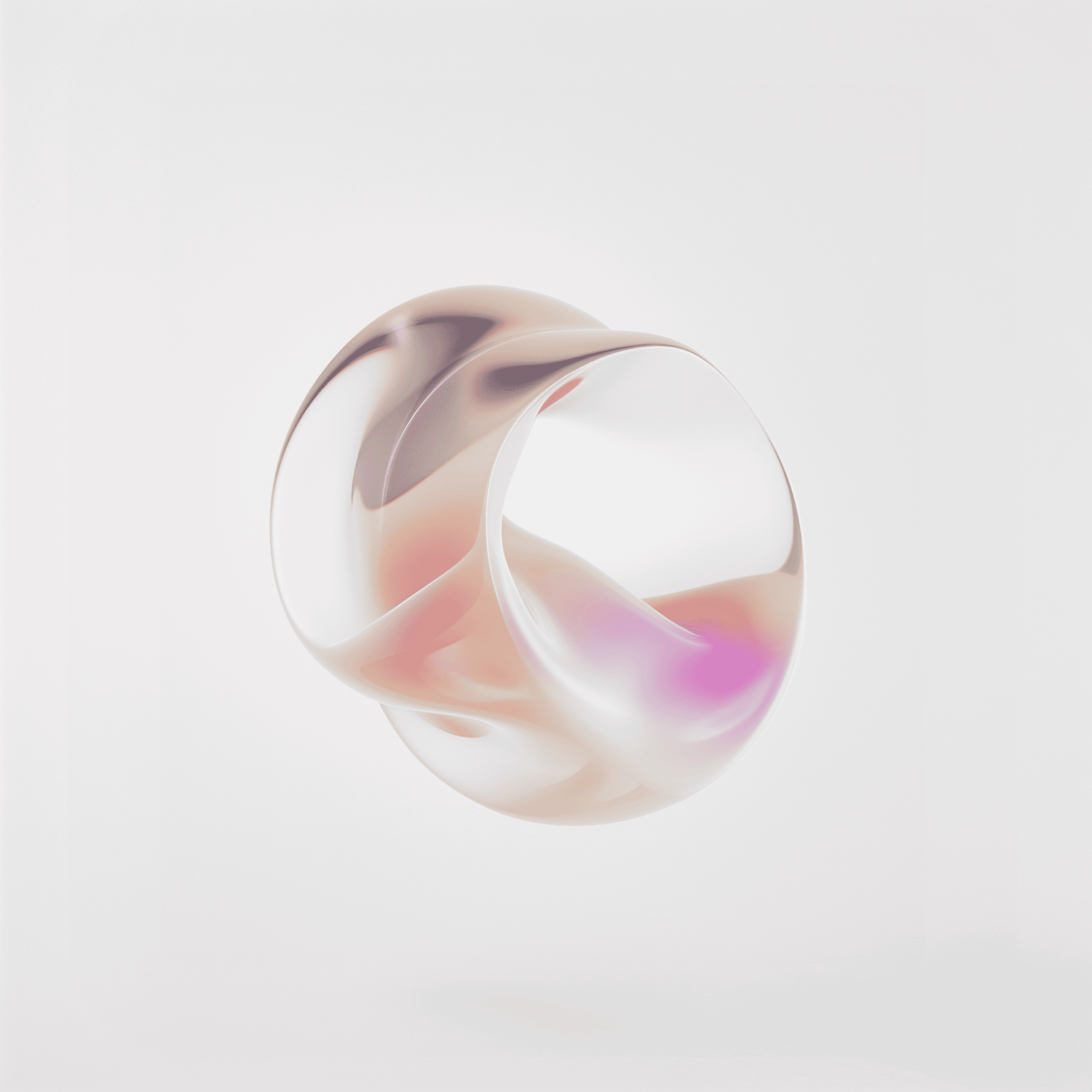 3D render of an abstract translucent glass sculpture with smooth, flowing organic curves floating against a minimal light gray background. The form resembles a fluid, molten loop with soft reflections and refractions