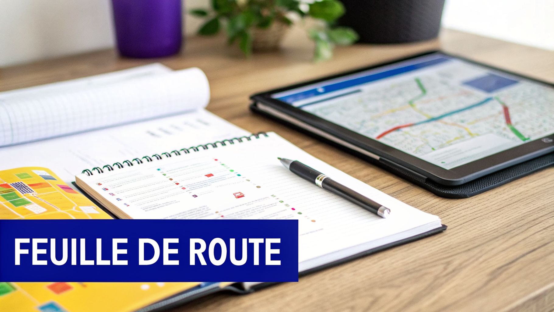 Bureau avec carnet, stylo, et tablette affichant une carte, illustrant la planification d'une feuille de route.