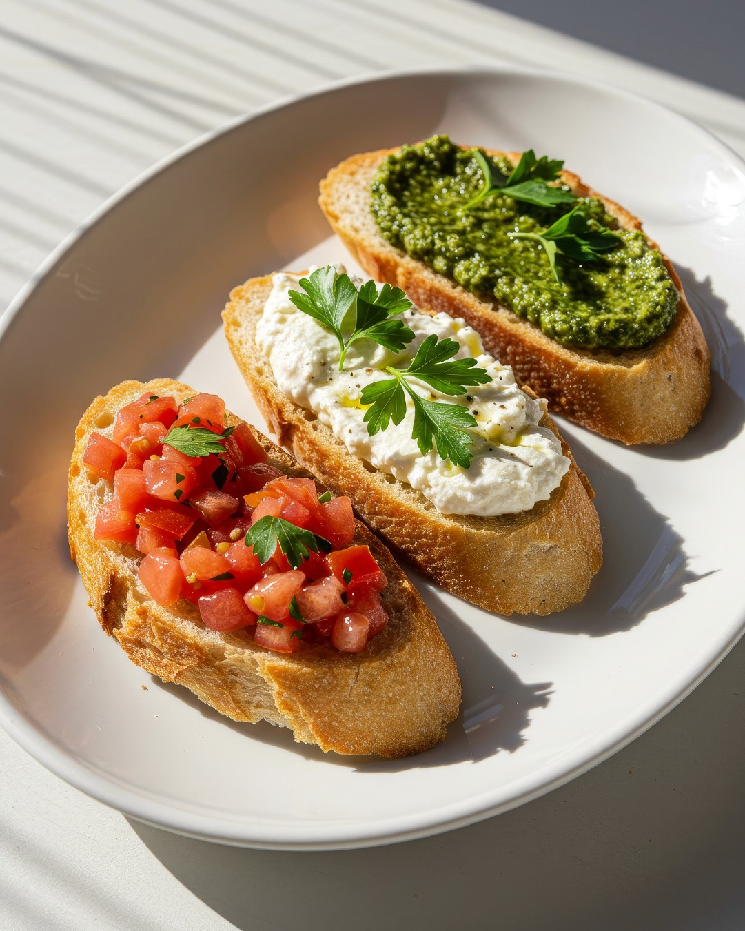 A white plate holds three slices of bruschetta topped with fresh tomato, vibrant green pesto, and creamy white cheese, garnished with fresh parsley, under soft, natural lighting.