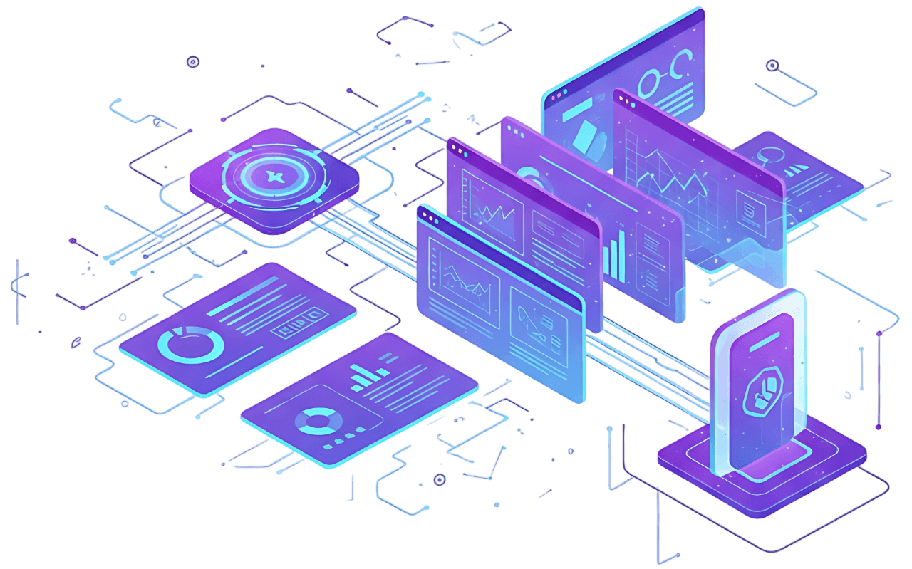 AI-driven data analytics dashboards displaying business performance insights and visual reports.