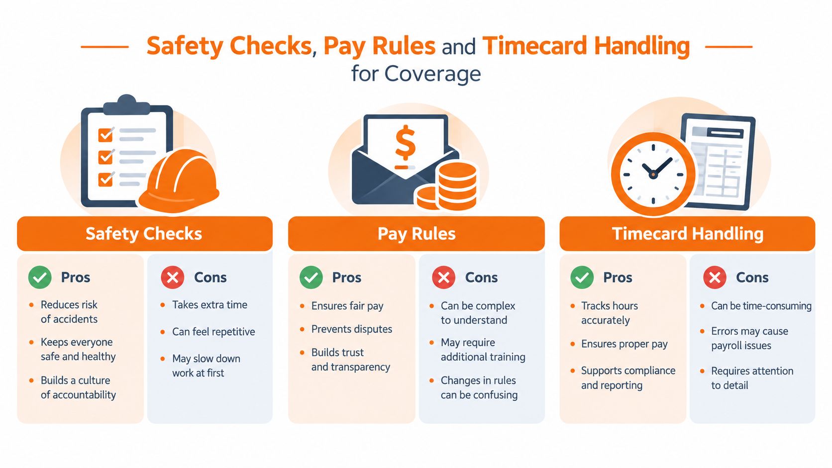 An infographic showing pros and cons of safety checks, pay rules, and timecard handling for construction workplace management.