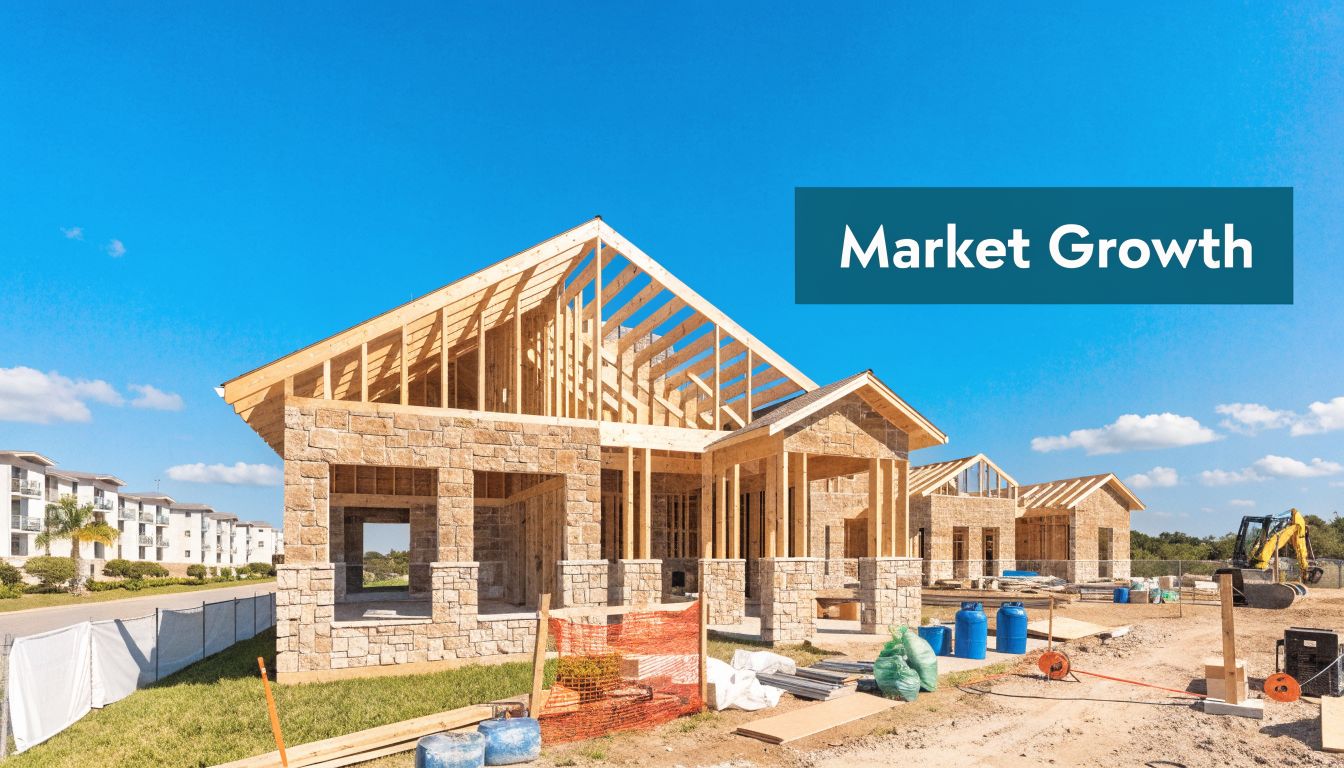 Construction site with wooden framing and stone veneer on new residential homes in Bonita Springs, Florida.