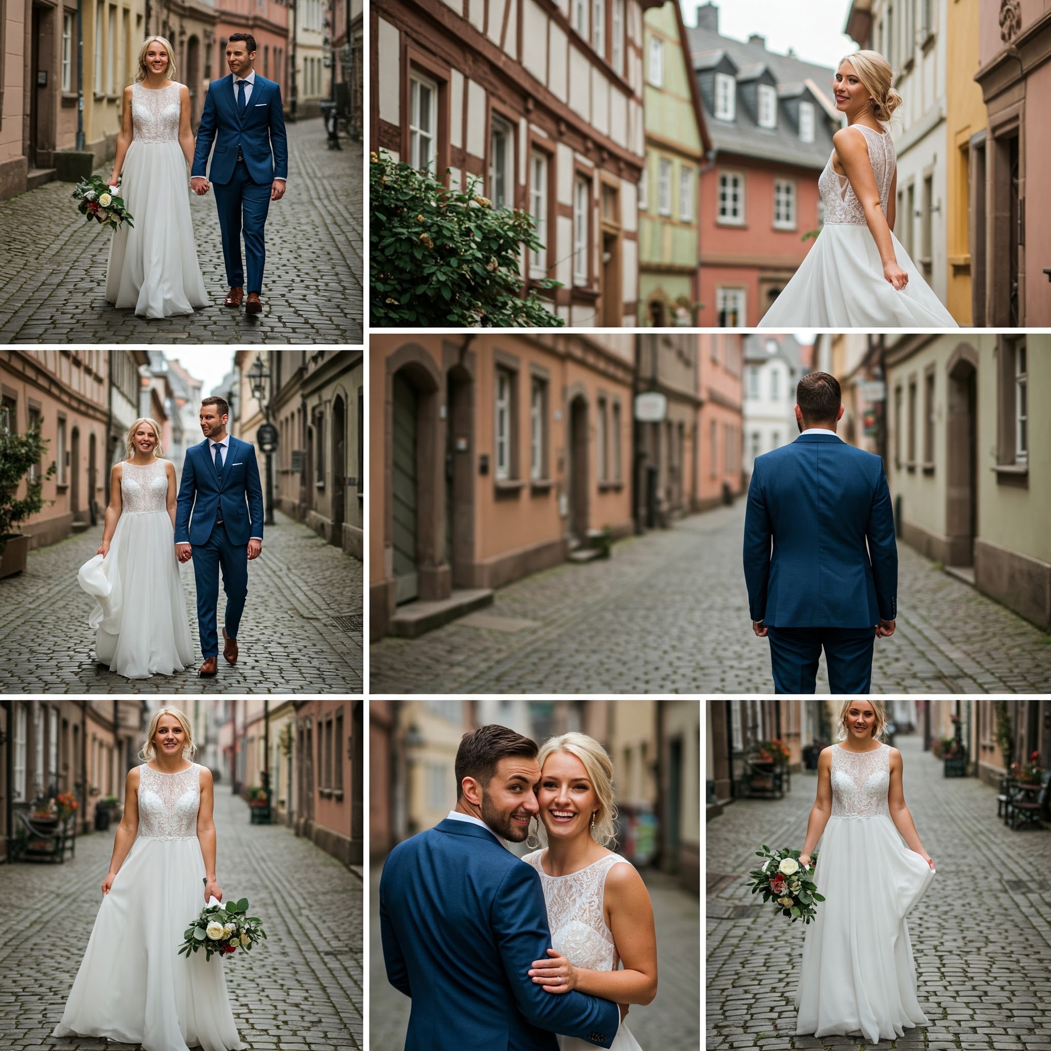 Ein verliebtes Brautpaar schlendert Hand in Hand durch die malerische Altstadt von Bingen. Die Braut, in einem eleganten Spitzenkleid, lächelt ihrem Bräutigam zu, der sie liebevoll ansieht. Im Hintergrund erstrecken sich die bunten Fachwerkhäuser und verwinkelten Gassen, die den Charme der Stadt ausmachen. Die Szene ist von warmem Sonnenlicht durchflutet, das die romantische Stimmung unterstreicht.