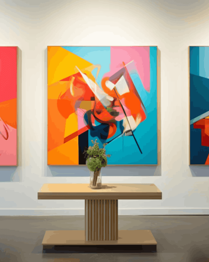 Vibrant abstract painting in pink, blue, orange, and yellow.