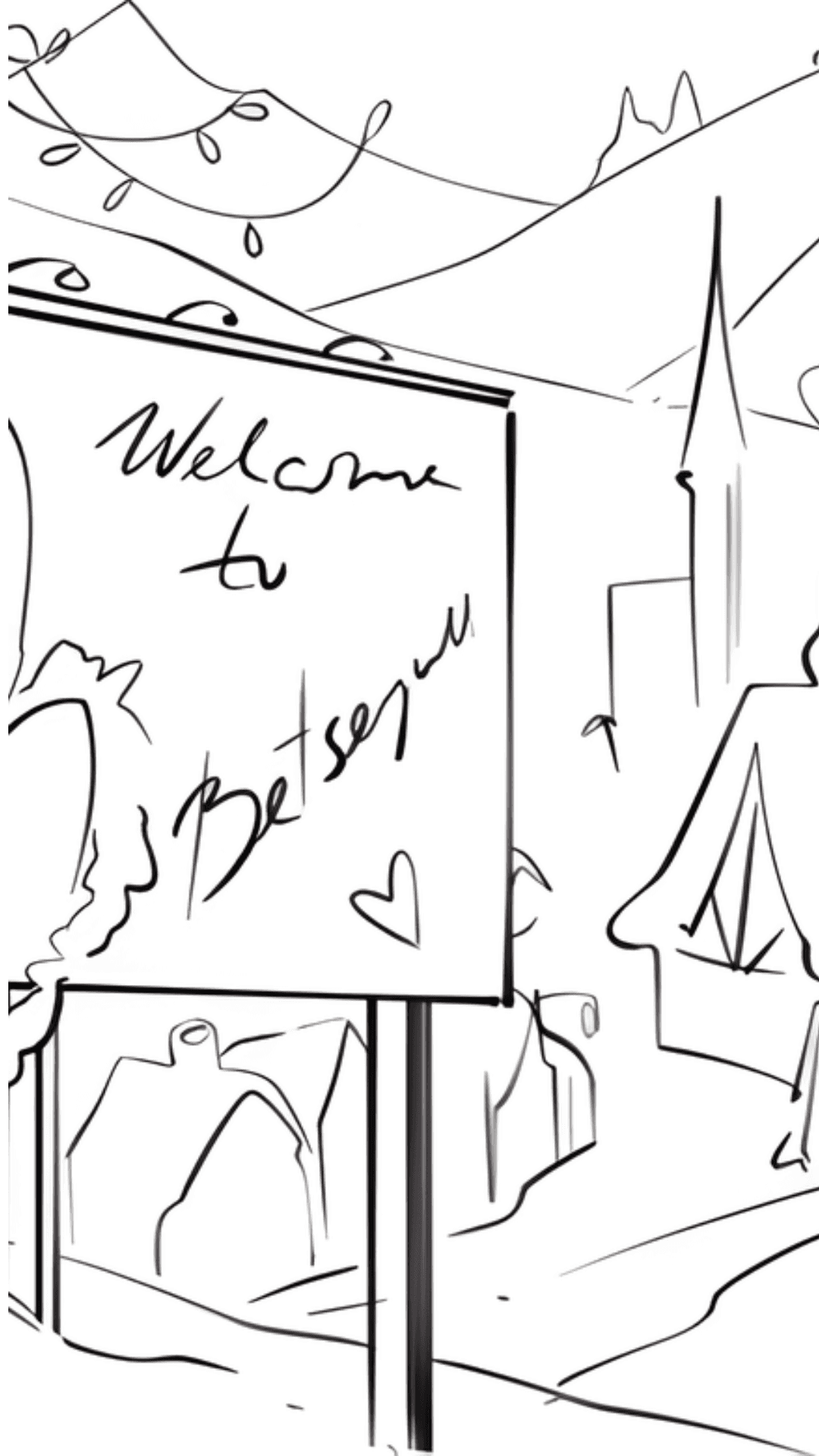 Line art sketches depicting a whimsical gingerbread-themed winter village