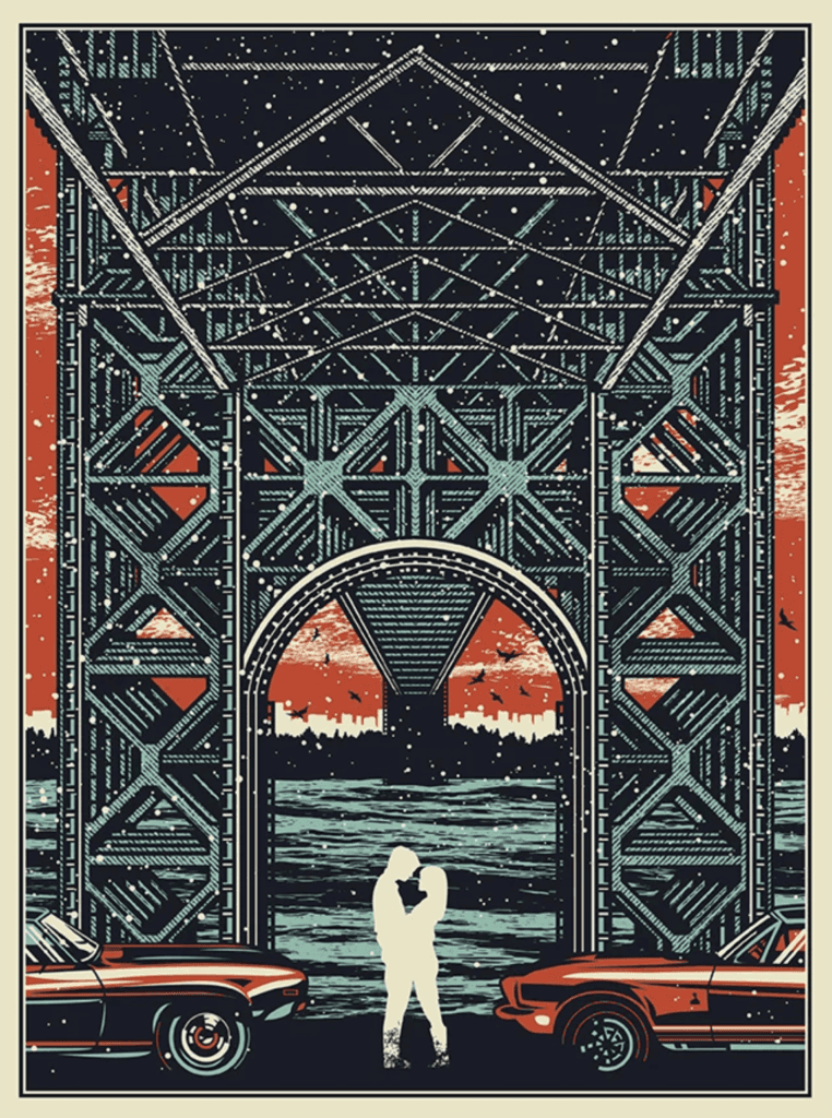 "Post Meridiem Travels" poster of people kissing under a bridge