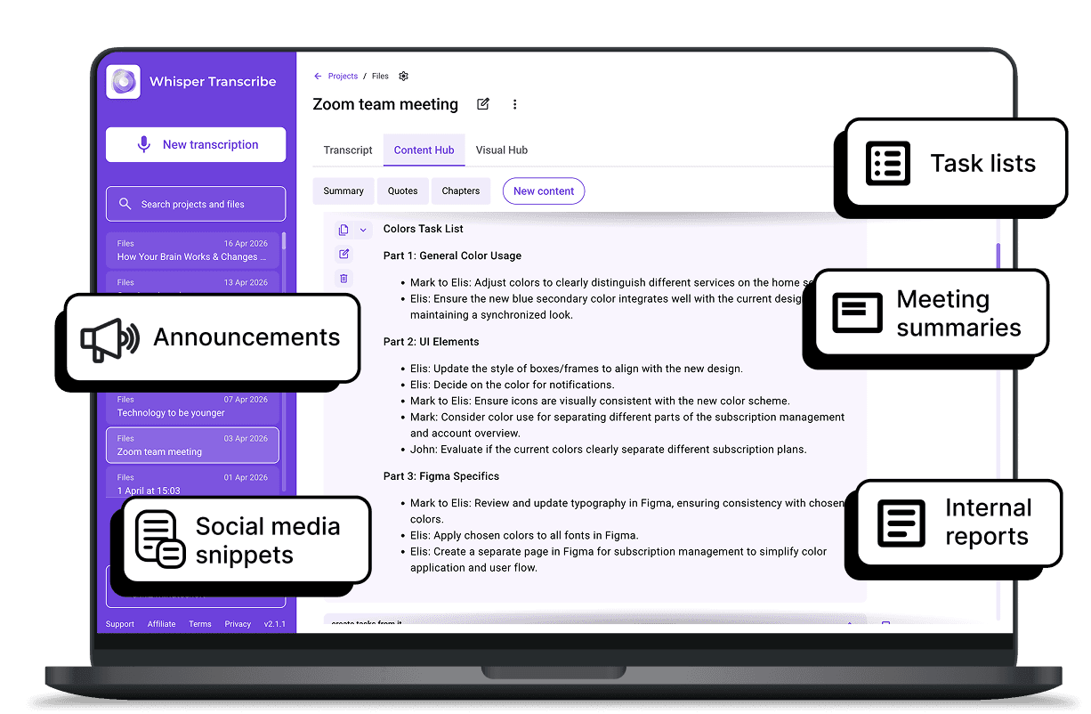 WhispeerTrasncribe interface for Meetings