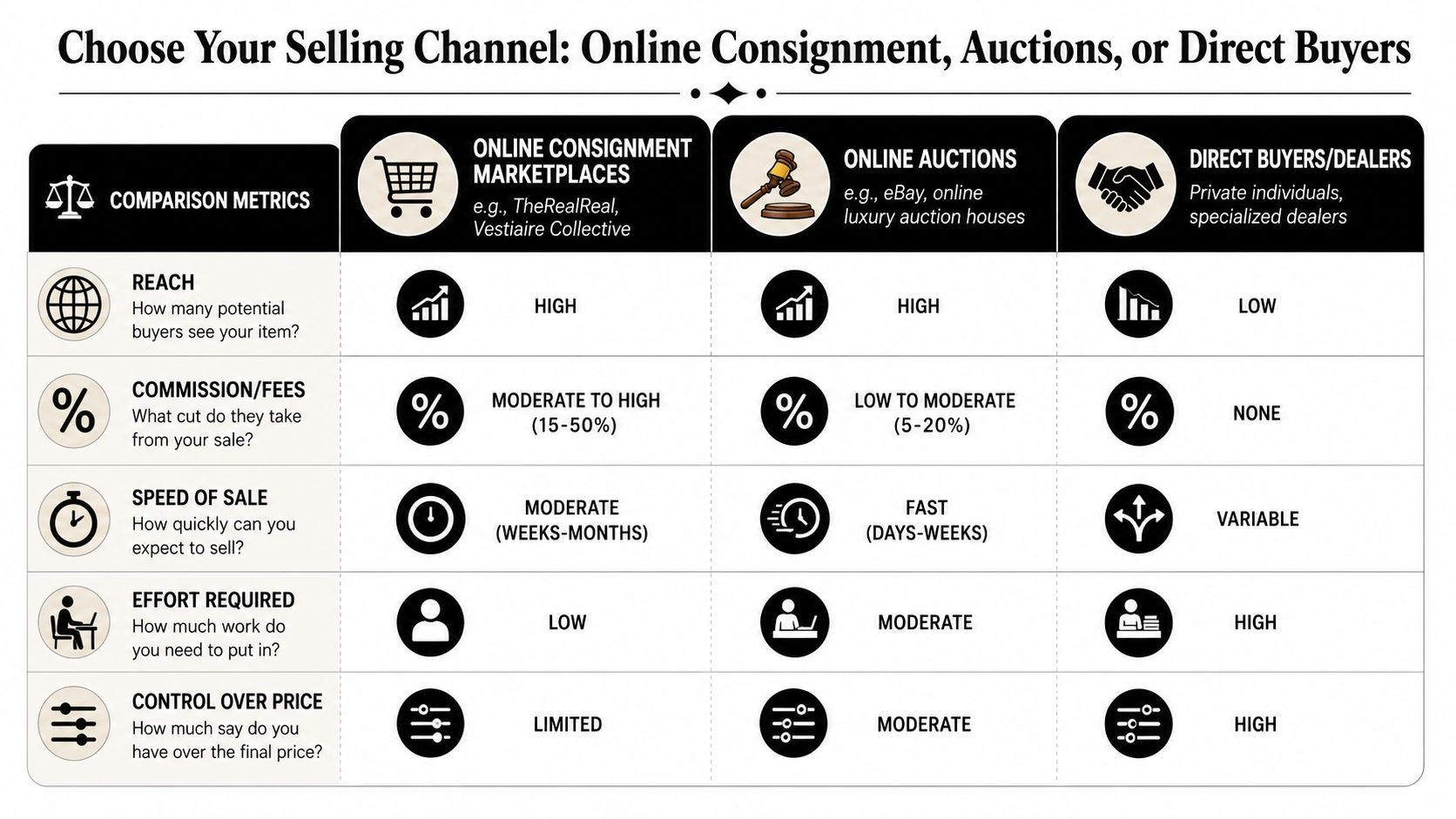 A comparison chart outlining the pros and cons of selling luxury goods through consignment, auctions, or direct buyers.